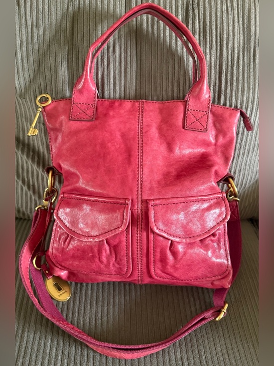 Fossil Handbags - Large Fossil Maroon Leather Shoulder Bag Purse with Front Pockets and Key Fob